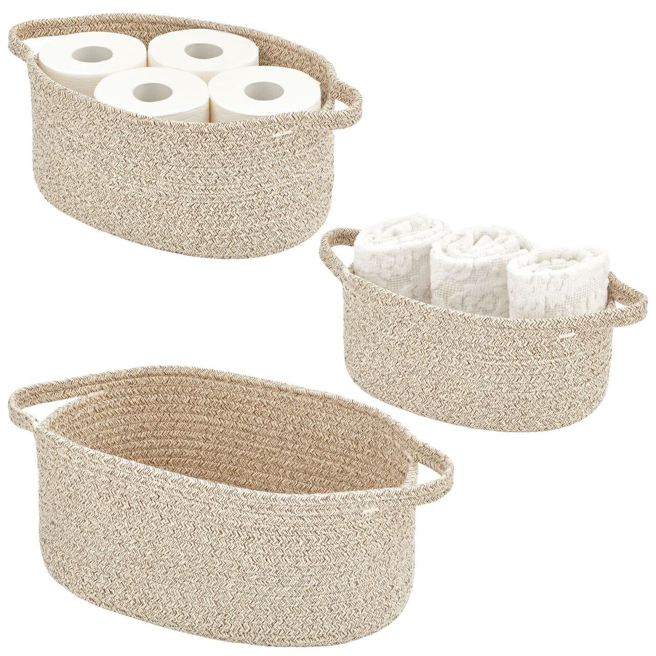 mDesign Casual Woven Cotton Rope Bathroom Basket with Handles, Set of 3